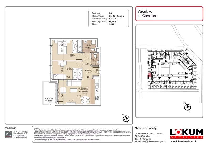 3 pokoje, mieszkanie 54,40 m², piętro 2, oferta nr C5-2-24, Lokum Soho, Wrocław, Stare Miasto, ul. Góralska