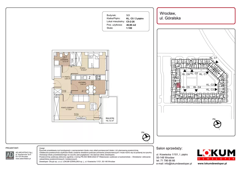 2 pokoje, mieszkanie 46,98 m², piętro 2, oferta nr C5-2-26, Lokum Soho, Wrocław, Stare Miasto, ul. Góralska