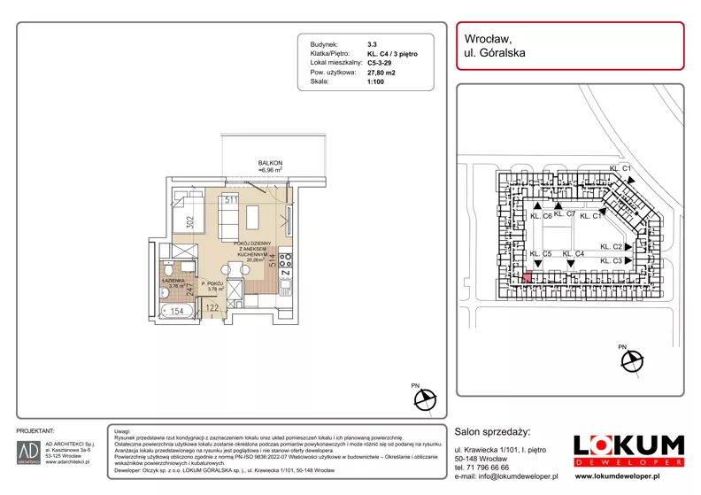 1 pokój, mieszkanie 27,80 m², piętro 3, oferta nr C5-3-29, Lokum Soho, Wrocław, Stare Miasto, ul. Góralska