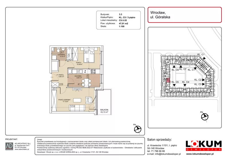 2 pokoje, mieszkanie 47,01 m², piętro 3, oferta nr C5-3-35, Lokum Soho, Wrocław, Stare Miasto, ul. Góralska