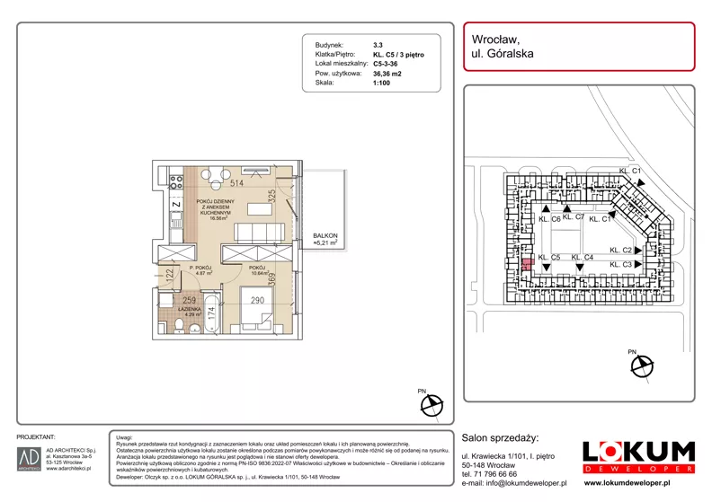 2 pokoje, mieszkanie 36,36 m², piętro 3, oferta nr C5-3-36, Lokum Soho, Wrocław, Stare Miasto, ul. Góralska