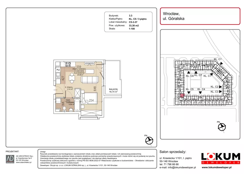 1 pokój, mieszkanie 33,38 m², piętro 3, oferta nr C5-3-37, Lokum Soho, Wrocław, Stare Miasto, ul. Góralska