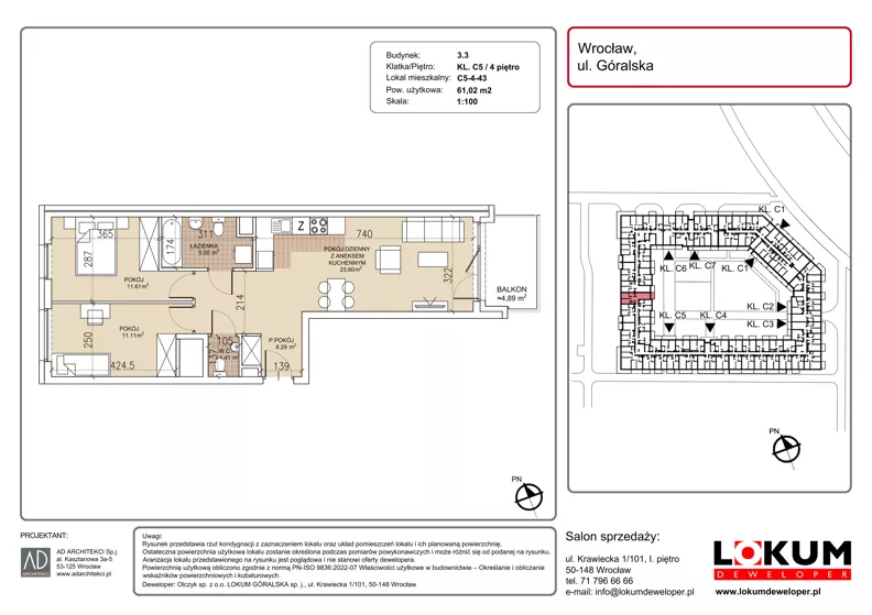 3 pokoje, mieszkanie 61,02 m², piętro 4, oferta nr C5-4-43, Lokum Soho, Wrocław, Stare Miasto, ul. Góralska