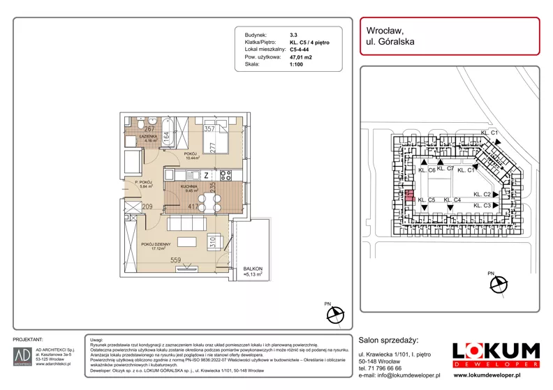 2 pokoje, mieszkanie 47,01 m², piętro 4, oferta nr C5-4-44, Lokum Soho, Wrocław, Stare Miasto, ul. Góralska