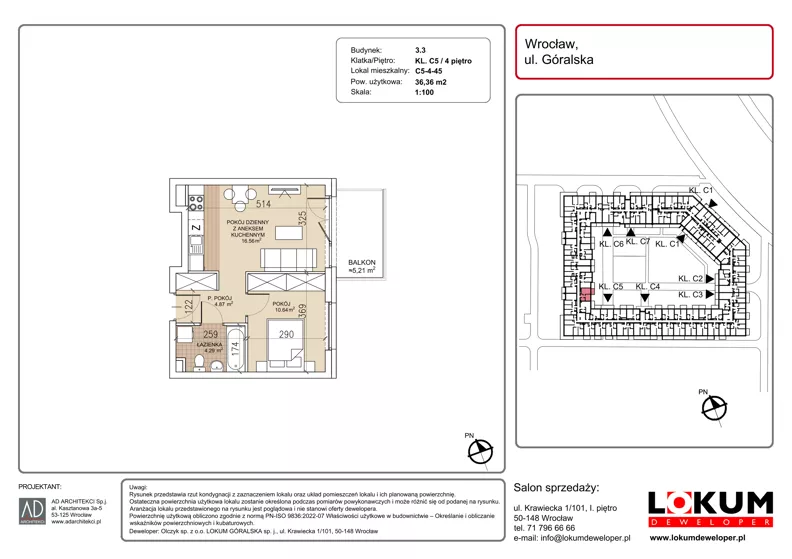 2 pokoje, mieszkanie 36,36 m², piętro 4, oferta nr C5-4-45, Lokum Soho, Wrocław, Stare Miasto, ul. Góralska