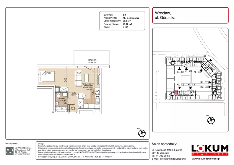1 pokój, mieszkanie 33,57 m², piętro 5, oferta nr C5-5-47, Lokum Soho, Wrocław, Stare Miasto, ul. Góralska