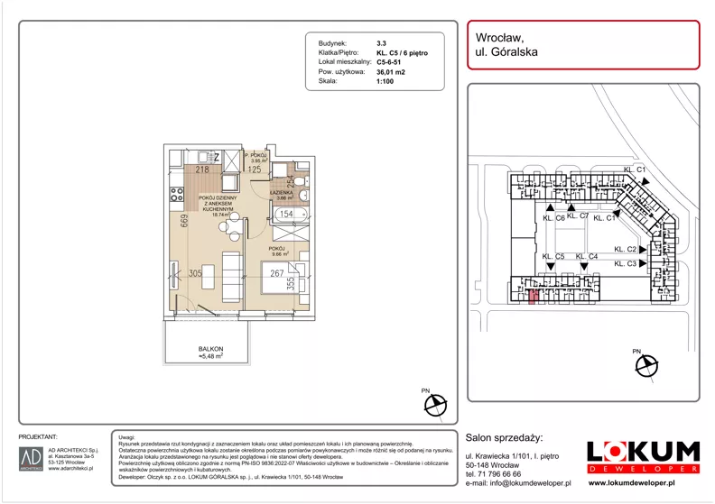 2 pokoje, mieszkanie 36,01 m², piętro 6, oferta nr C5-6-51, Lokum Soho, Wrocław, Stare Miasto, ul. Góralska