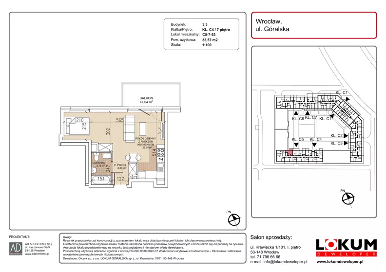 1 pokój, mieszkanie 33,57 m², piętro 7, oferta nr C5-7-53, Lokum Soho, Wrocław, Stare Miasto, ul. Góralska