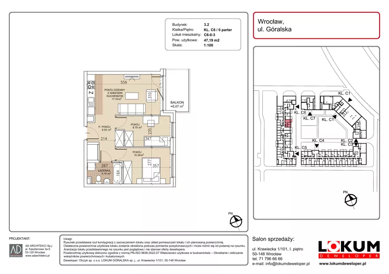 3 pokoje, mieszkanie 47,19 m², parter, oferta nr C6-0-3, Lokum Soho, Wrocław, Stare Miasto, ul. Góralska