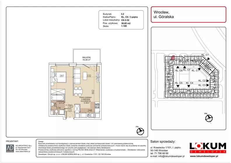 1 pokój, mieszkanie 38,65 m², piętro 3, oferta nr C6-3-32, Lokum Soho, Wrocław, Stare Miasto, ul. Góralska