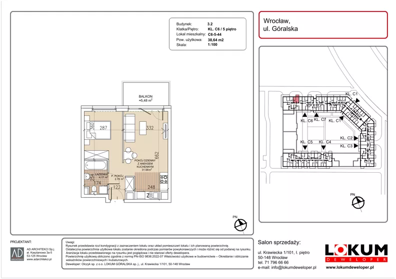 1 pokój, mieszkanie 38,64 m², piętro 5, oferta nr C6-5-44, Lokum Soho, Wrocław, Stare Miasto, ul. Góralska