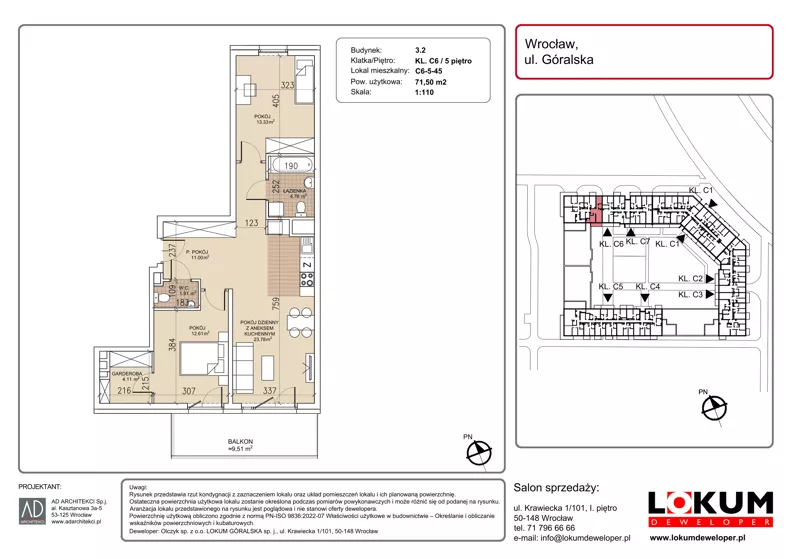 3 pokoje, mieszkanie 71,50 m², piętro 5, oferta nr C6-5-45, Lokum Soho, Wrocław, Stare Miasto, ul. Góralska