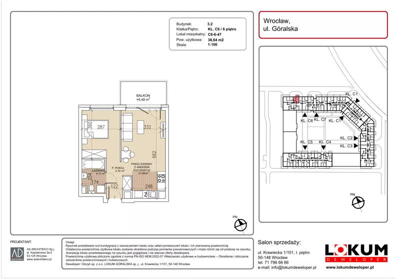 1 pokój, mieszkanie 38,64 m², piętro 6, oferta nr C6-6-47, Lokum Soho, Wrocław, Stare Miasto, ul. Góralska