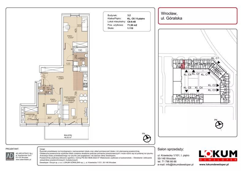 3 pokoje, mieszkanie 71,50 m², piętro 6, oferta nr C6-6-48, Lokum Soho, Wrocław, Stare Miasto, ul. Góralska