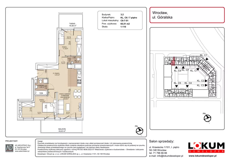3 pokoje, mieszkanie 65,51 m², piętro 7, oferta nr C6-7-51, Lokum Soho, Wrocław, Stare Miasto, ul. Góralska