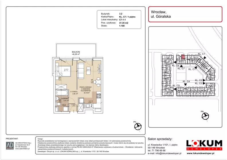 1 pokój, mieszkanie 37,35 m², piętro 1, oferta nr C7-1-1, Lokum Soho, Wrocław, Stare Miasto, ul. Góralska