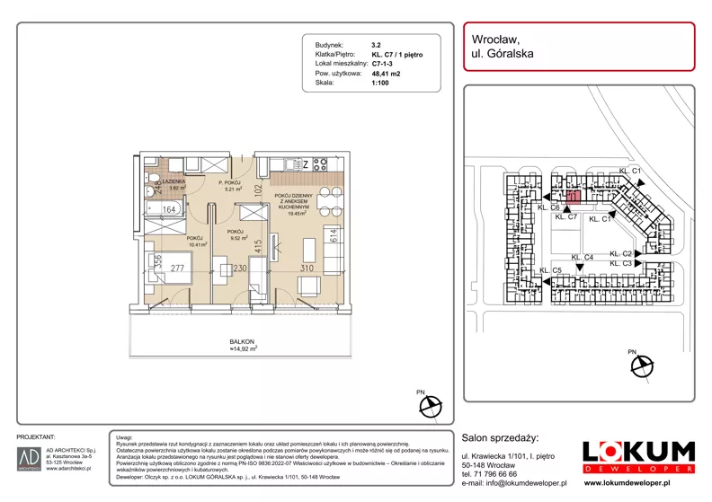 3 pokoje, mieszkanie 48,41 m², piętro 1, oferta nr C7-1-3, Lokum Soho, Wrocław, Stare Miasto, ul. Góralska