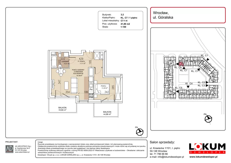 2 pokoje, mieszkanie 41,80 m², piętro 1, oferta nr C7-1-4, Lokum Soho, Wrocław, Stare Miasto, ul. Góralska