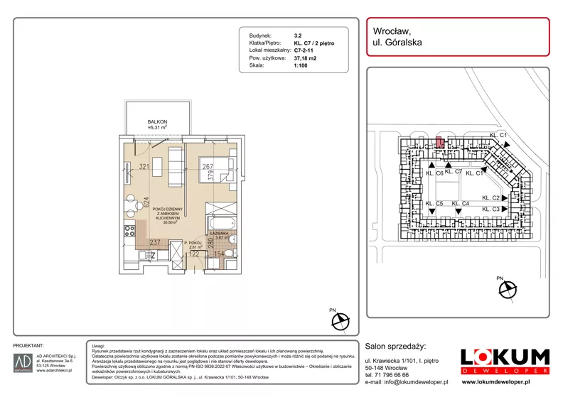1 pokój, mieszkanie 37,18 m², piętro 2, oferta nr C7-2-11, Lokum Soho, Wrocław, Stare Miasto, ul. Góralska