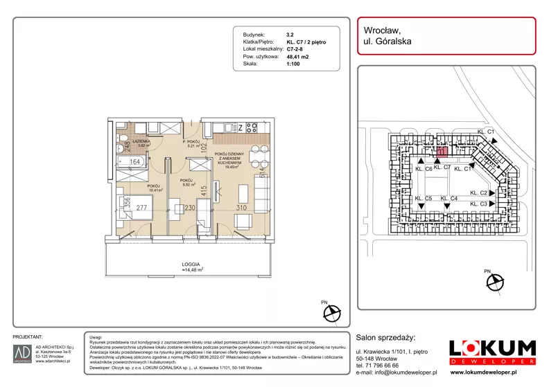 3 pokoje, mieszkanie 48,41 m², piętro 2, oferta nr C7-2-8, Lokum Soho, Wrocław, Stare Miasto, ul. Góralska