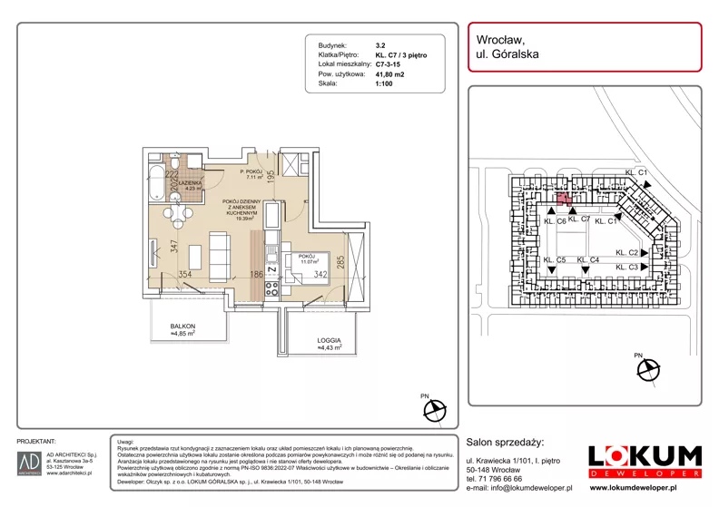 2 pokoje, mieszkanie 41,80 m², piętro 3, oferta nr C7-3-15, Lokum Soho, Wrocław, Stare Miasto, ul. Góralska