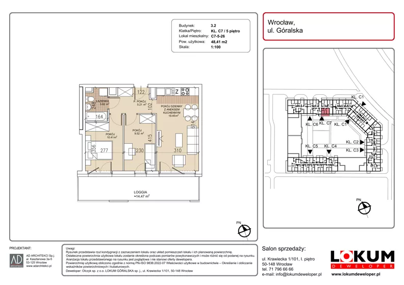 3 pokoje, mieszkanie 48,41 m², piętro 5, oferta nr C7-5-26, Lokum Soho, Wrocław, Stare Miasto, ul. Góralska