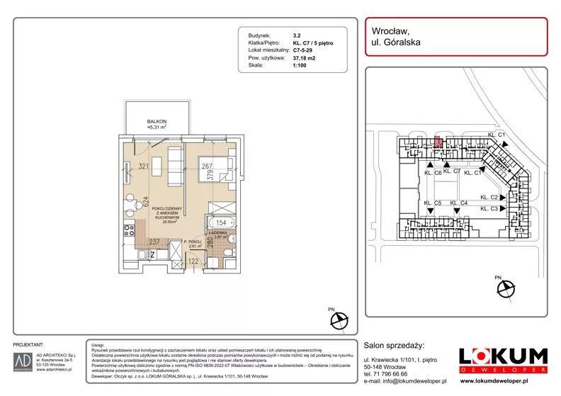 1 pokój, mieszkanie 37,18 m², piętro 5, oferta nr C7-5-29, Lokum Soho, Wrocław, Stare Miasto, ul. Góralska