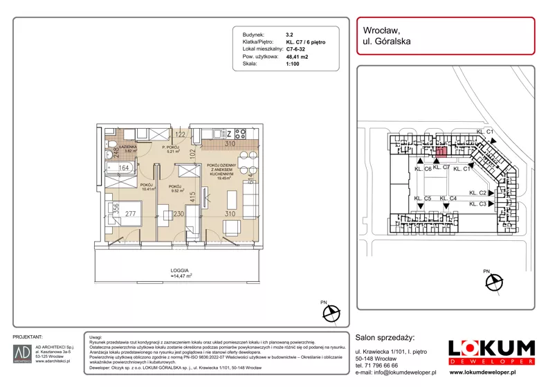 3 pokoje, mieszkanie 48,41 m², piętro 6, oferta nr C7-6-32, Lokum Soho, Wrocław, Stare Miasto, ul. Góralska