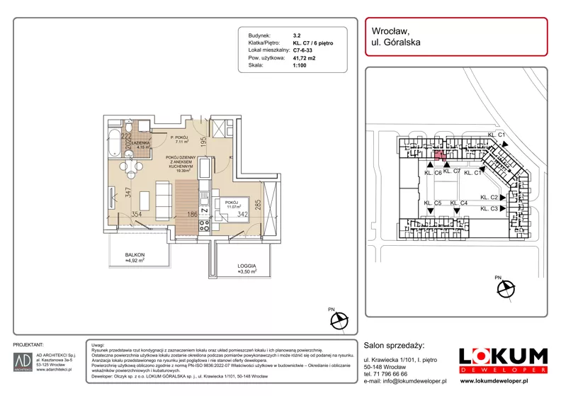 2 pokoje, mieszkanie 41,72 m², piętro 6, oferta nr C7-6-33, Lokum Soho, Wrocław, Stare Miasto, ul. Góralska