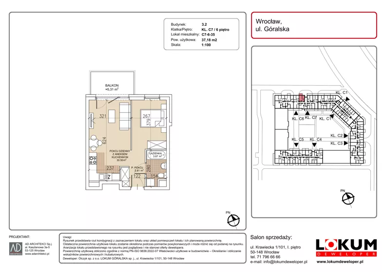 1 pokój, mieszkanie 37,18 m², piętro 6, oferta nr C7-6-35, Lokum Soho, Wrocław, Stare Miasto, ul. Góralska