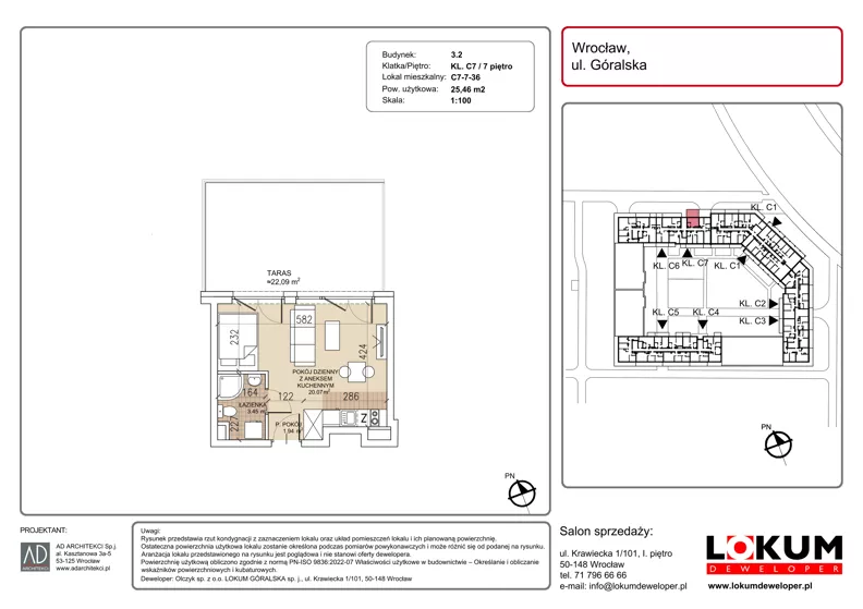 1 pokój, mieszkanie 25,46 m², piętro 7, oferta nr C7-7-36, Lokum Soho, Wrocław, Stare Miasto, ul. Góralska