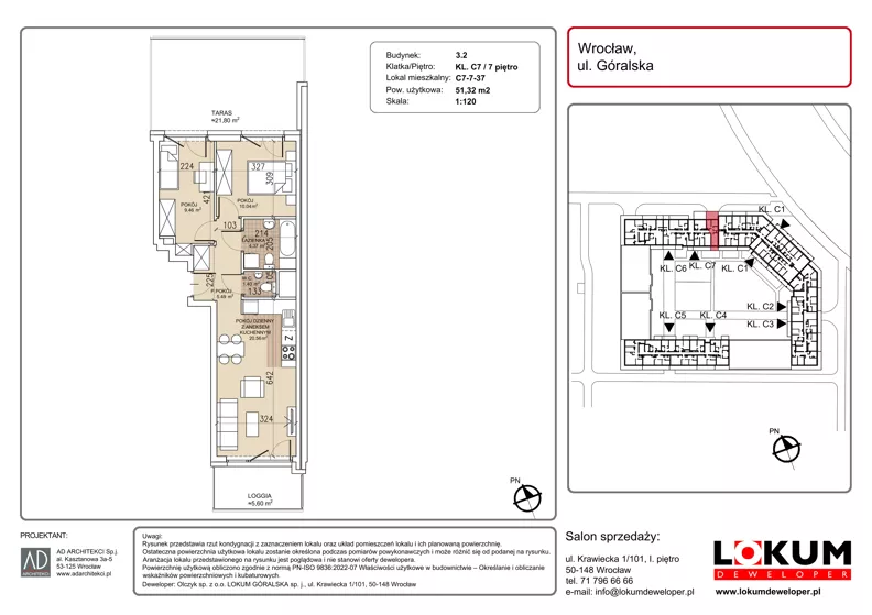 3 pokoje, mieszkanie 51,32 m², piętro 7, oferta nr C7-7-37, Lokum Soho, Wrocław, Stare Miasto, ul. Góralska