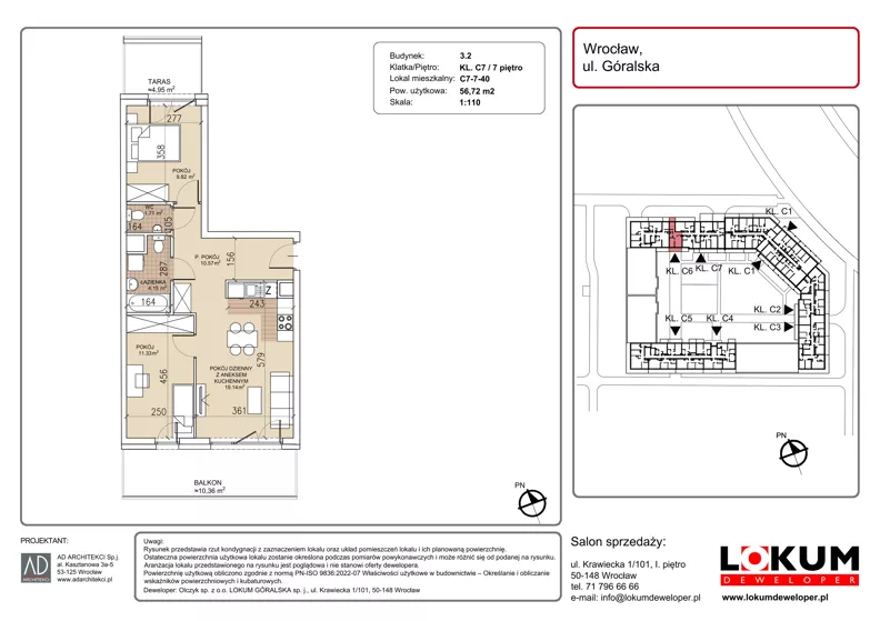 3 pokoje, mieszkanie 56,72 m², piętro 7, oferta nr C7-7-40, Lokum Soho, Wrocław, Stare Miasto, ul. Góralska