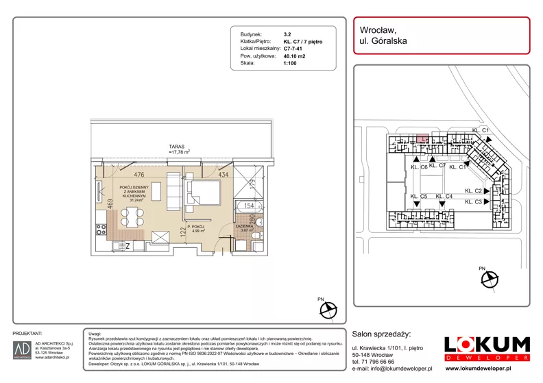 2 pokoje, mieszkanie 40,10 m², piętro 7, oferta nr C7-7-41, Lokum Soho, Wrocław, Stare Miasto, ul. Góralska