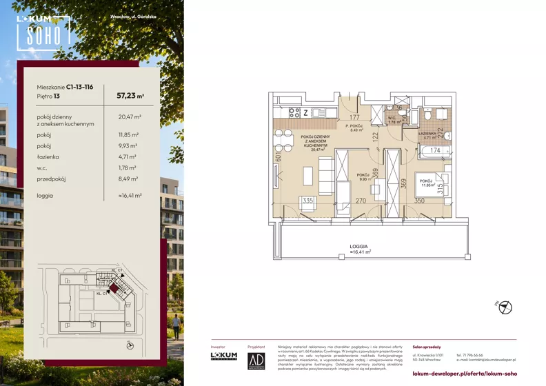 3 pokoje, mieszkanie 57,23 m², piętro 13, oferta nr C1-13-116, Lokum Soho, Wrocław, Stare Miasto, ul. Góralska