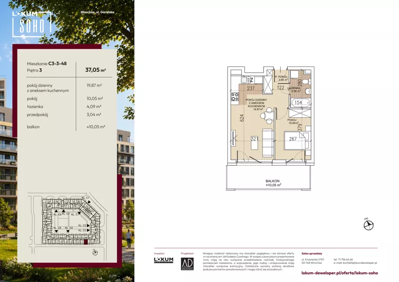 2 pokoje, mieszkanie 37,05 m², piętro 3, oferta nr C3-3-48, Lokum Soho, Wrocław, Stare Miasto, ul. Góralska