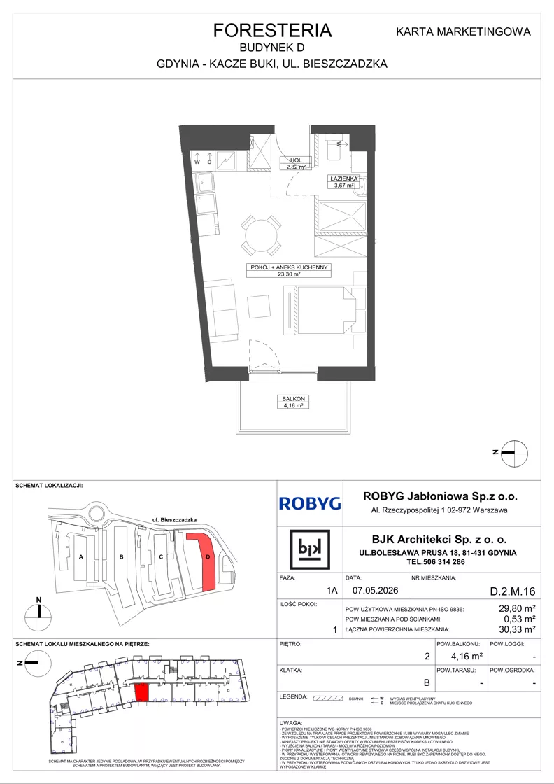 1 pokój, mieszkanie 29,80 m², piętro 2, oferta nr D.2M16, Foresteria, Gdynia, Wielki Kack, Kacze Buki, ul. Bieszczadzka