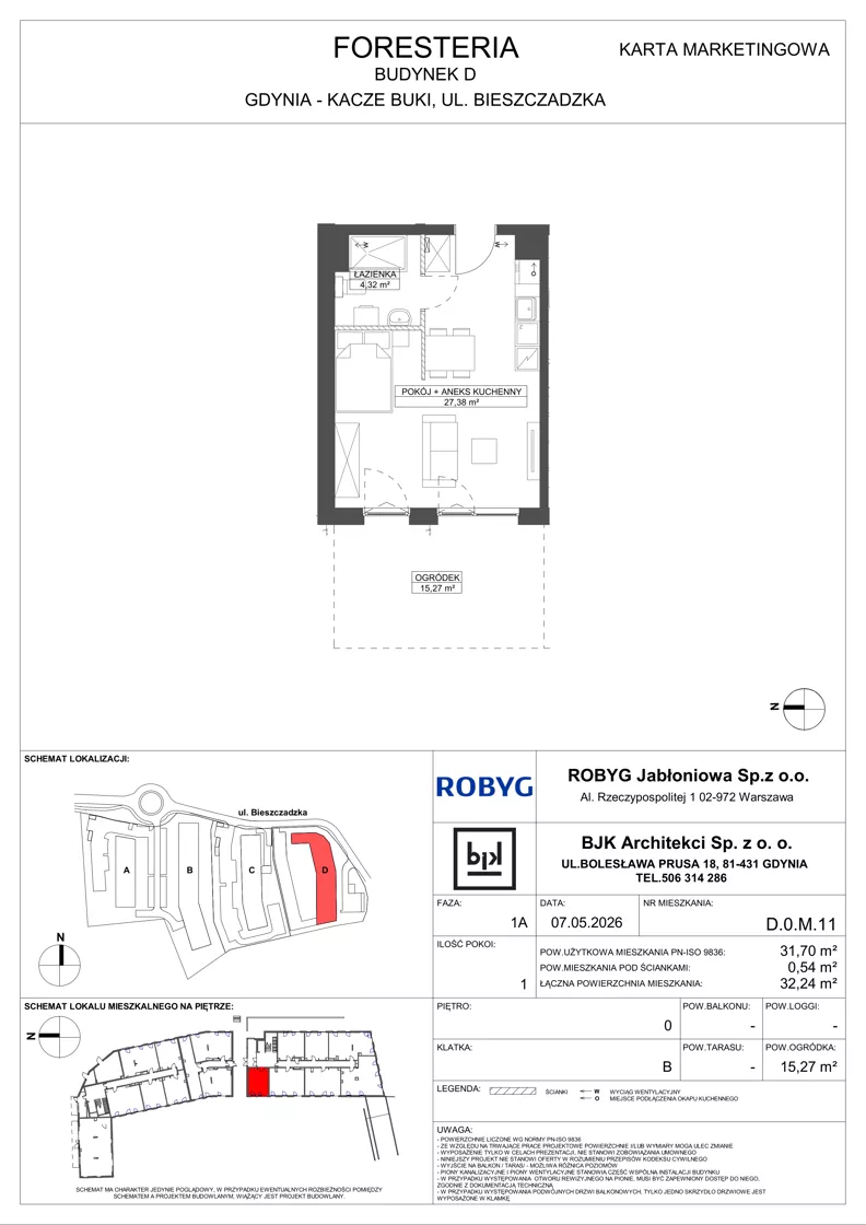 1 pokój, mieszkanie 31,70 m², parter, oferta nr D.0M11, Foresteria, Gdynia, Wielki Kack, Kacze Buki, ul. Bieszczadzka
