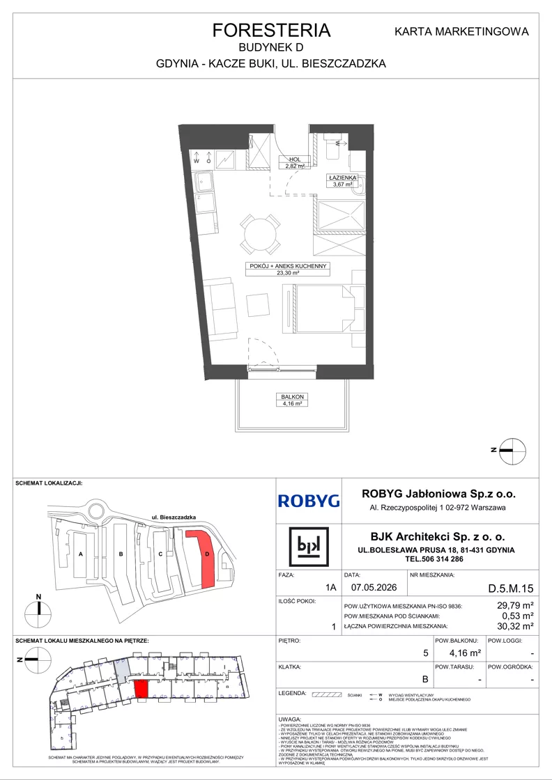 1 pokój, mieszkanie 29,79 m², piętro 5, oferta nr D.5M15, Foresteria, Gdynia, Wielki Kack, Kacze Buki, ul. Bieszczadzka