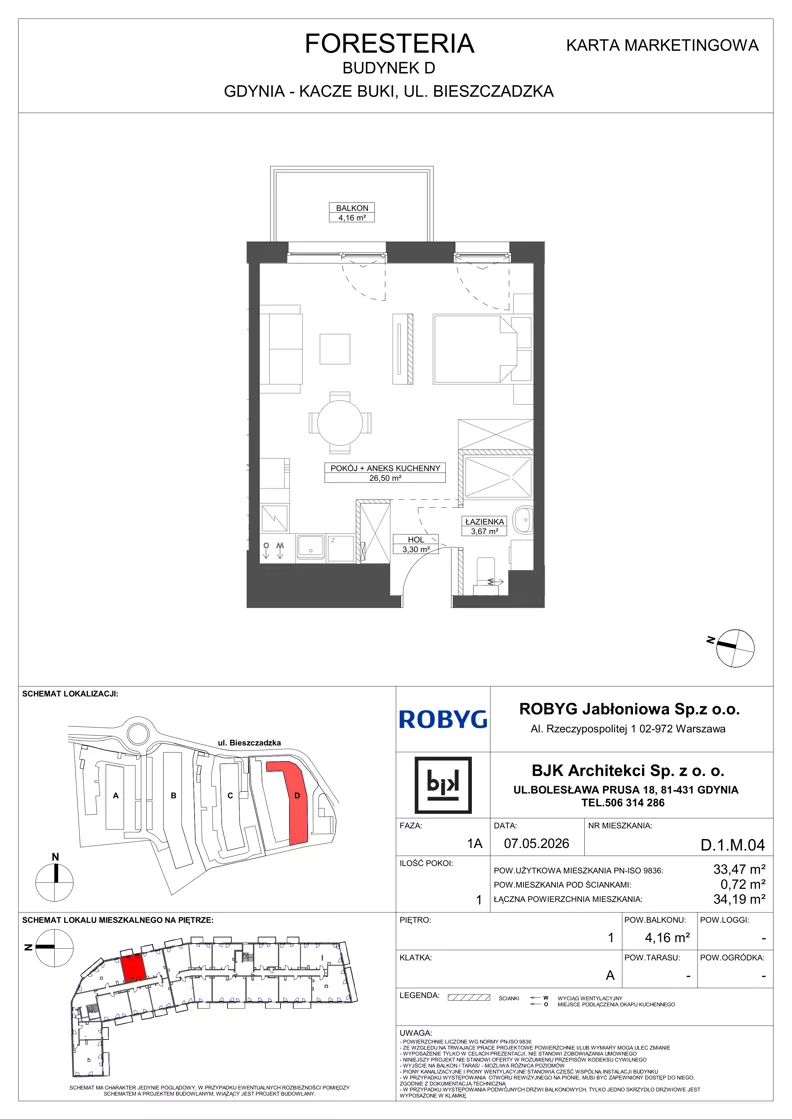 1 pokój, mieszkanie 33,47 m², piętro 1, oferta nr D.1M04, Foresteria, Gdynia, Wielki Kack, Kacze Buki, ul. Bieszczadzka