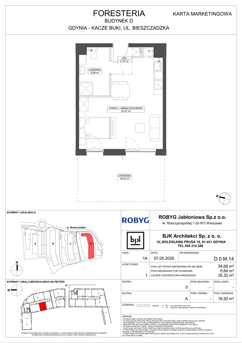 1 pokój, mieszkanie 34,68 m², parter, oferta nr D.0M14, Foresteria, Gdynia, Wielki Kack, Kacze Buki, ul. Bieszczadzka