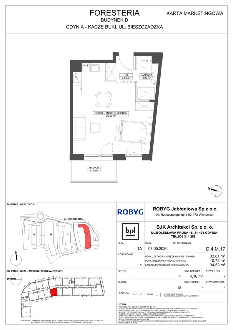 1 pokój, mieszkanie 33,81 m², piętro 4, oferta nr D.4M17, Foresteria, Gdynia, Wielki Kack, Kacze Buki, ul. Bieszczadzka