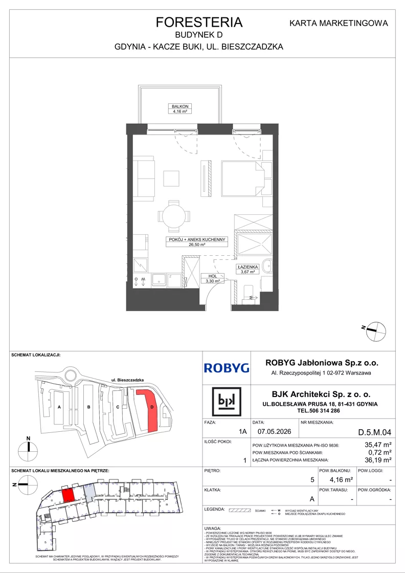1 pokój, mieszkanie 35,47 m², piętro 5, oferta nr D.5M04, Foresteria, Gdynia, Wielki Kack, Kacze Buki, ul. Bieszczadzka