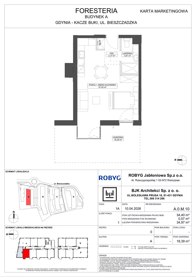 1 pokój, mieszkanie 34,40 m², parter, oferta nr A.0M10, Foresteria Etap A, Gdynia, Wielki Kack, Kacze Buki, ul. Bieszczadzka