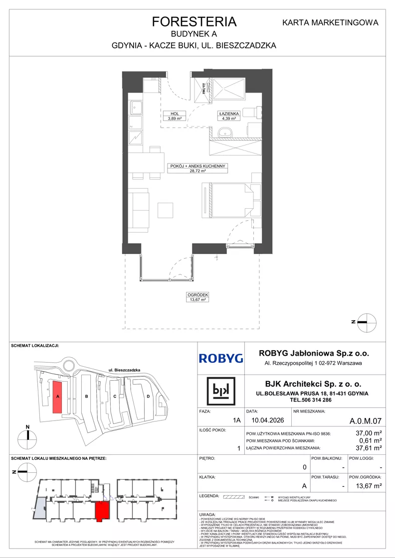1 pokój, mieszkanie 37,00 m², parter, oferta nr A.0M07, Foresteria Etap A, Gdynia, Wielki Kack, Kacze Buki, ul. Bieszczadzka