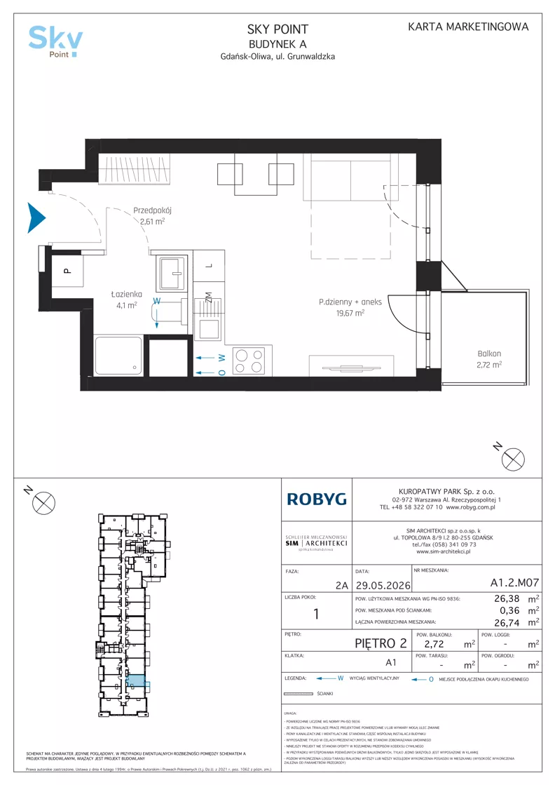 1 pokój, apartament inwestycyjny 26,38 m², piętro 2, oferta nr A1.2M07, Sky Point - Apartamenty Inwestycyjne, Gdańsk, Oliwa, Zaspa-Rozstaje, al. Grunwaldzka