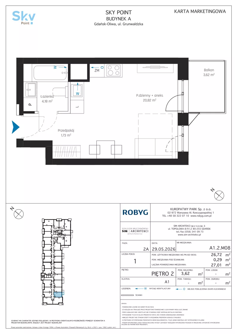 1 pokój, apartament inwestycyjny 26,72 m², piętro 2, oferta nr A1.2M08, Sky Point - Apartamenty Inwestycyjne, Gdańsk, Oliwa, Zaspa-Rozstaje, al. Grunwaldzka