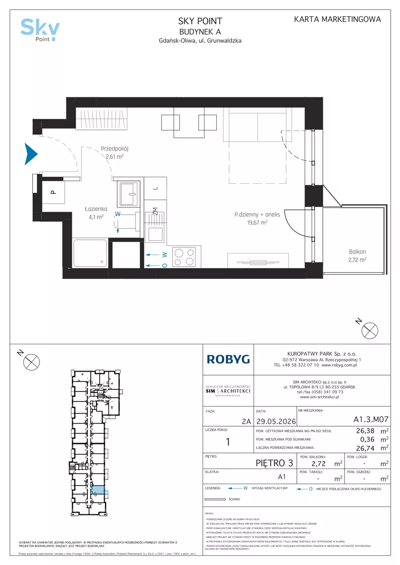 1 pokój, apartament inwestycyjny 26,38 m², piętro 3, oferta nr A1.3M07, Sky Point - Apartamenty Inwestycyjne, Gdańsk, Oliwa, Zaspa-Rozstaje, al. Grunwaldzka