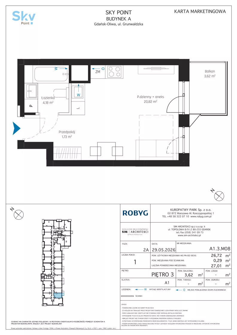 1 pokój, apartament inwestycyjny 26,72 m², piętro 3, oferta nr A1.3M08, Sky Point - Apartamenty Inwestycyjne, Gdańsk, Oliwa, Zaspa-Rozstaje, al. Grunwaldzka