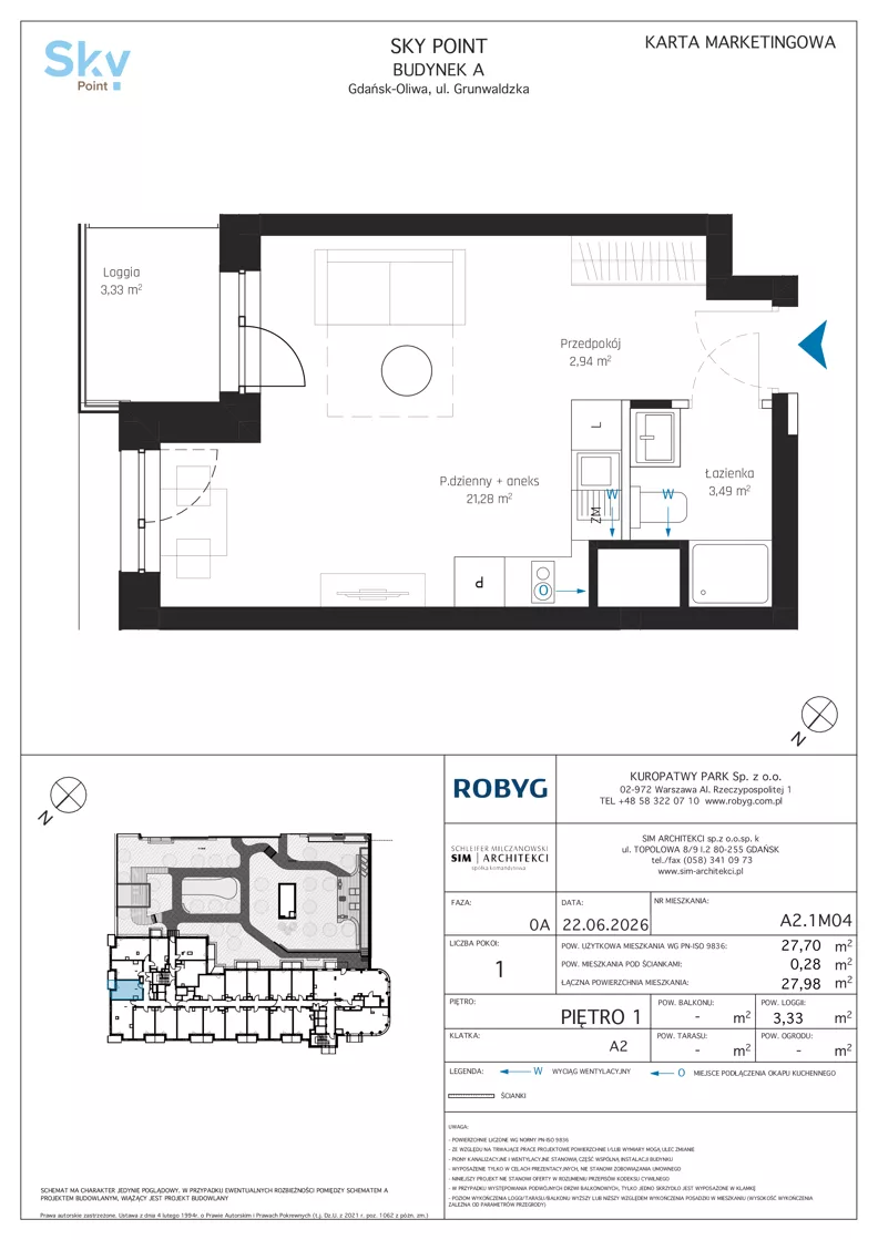 1 pokój, apartament inwestycyjny 27,70 m², piętro 1, oferta nr A2.1M04, Sky Point - Apartamenty Inwestycyjne, Gdańsk, Oliwa, Zaspa-Rozstaje, al. Grunwaldzka